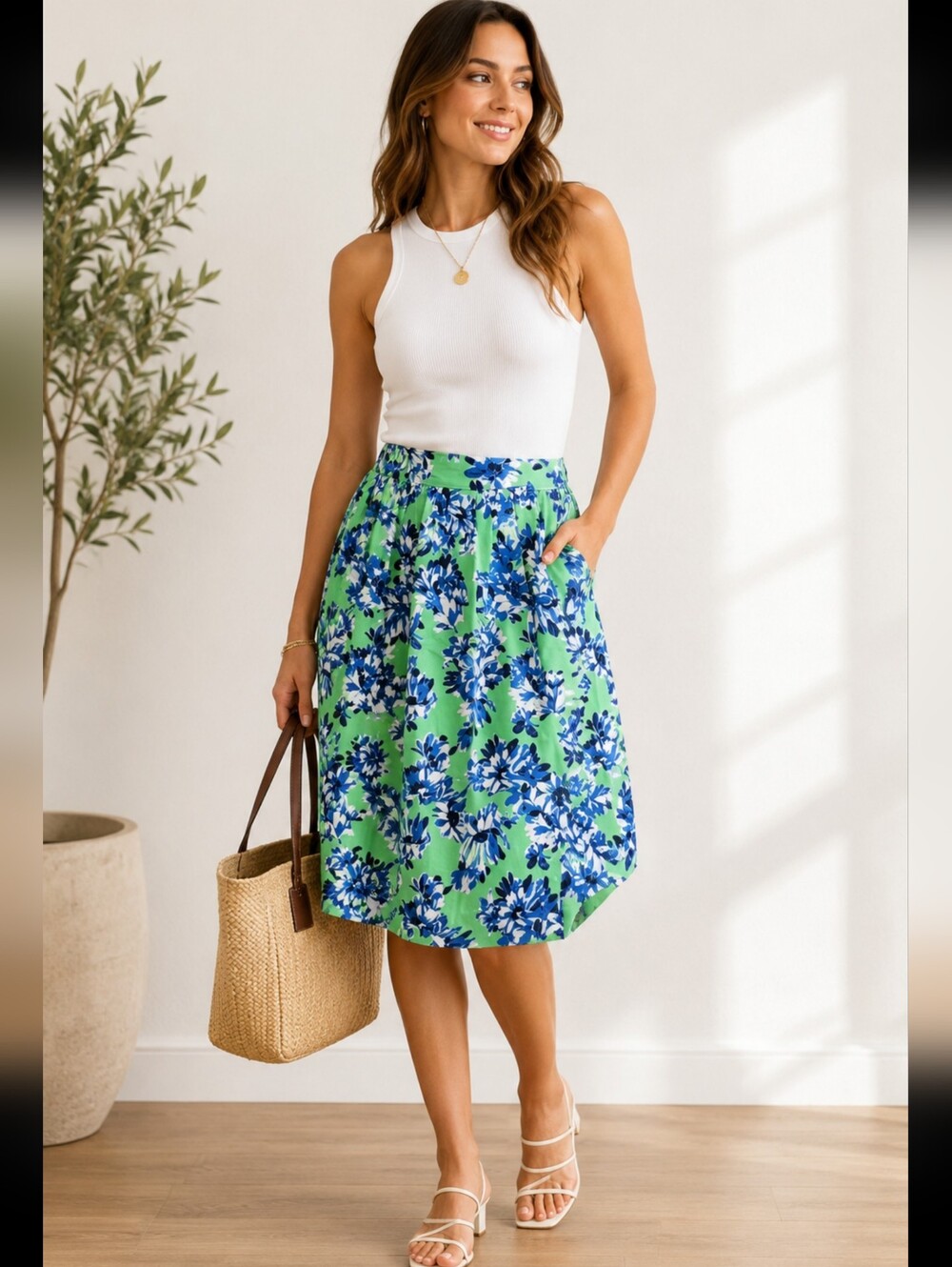 J. Crew Pleated Skirt W/Pockets Flora Casual green blue Sz 4 NEW #04
